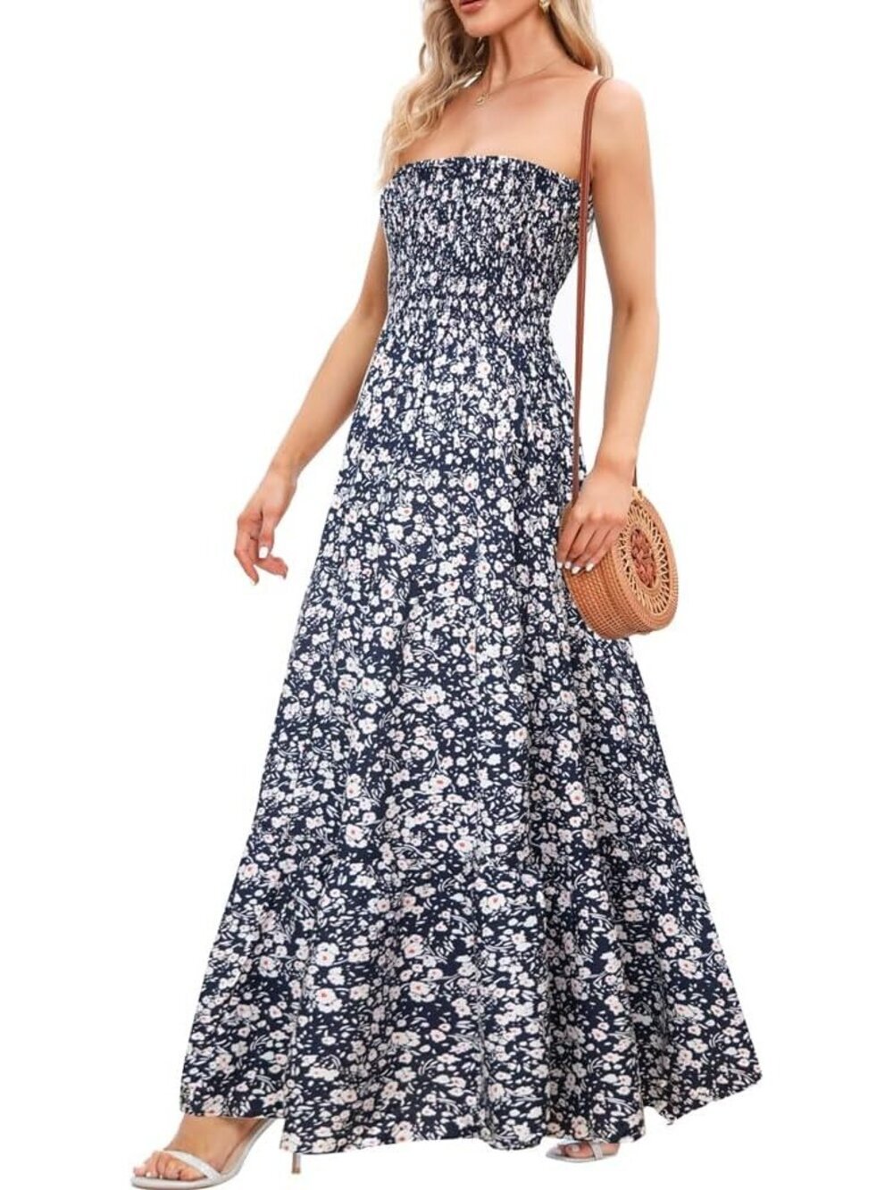Women's Black Flower Casual Off Shoulder Strapless Tube Top Beach Maxi Dress - Picture 2 of 4